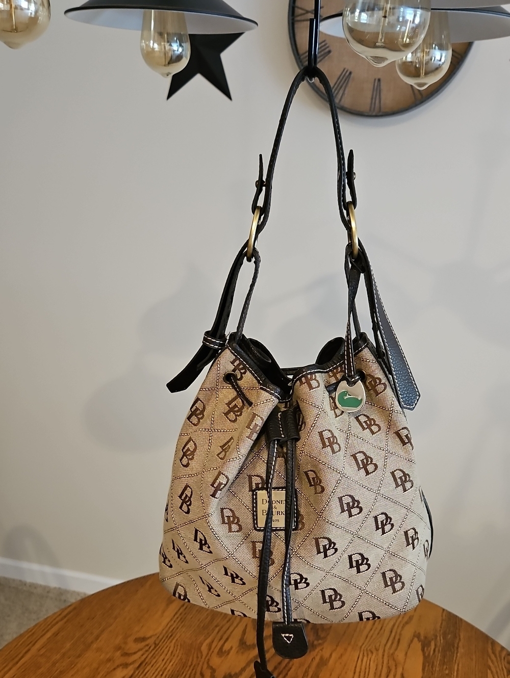 Classic Y2K Vintage  Dooney & Bourke Signature Monogram Drawstring Bucket Bag